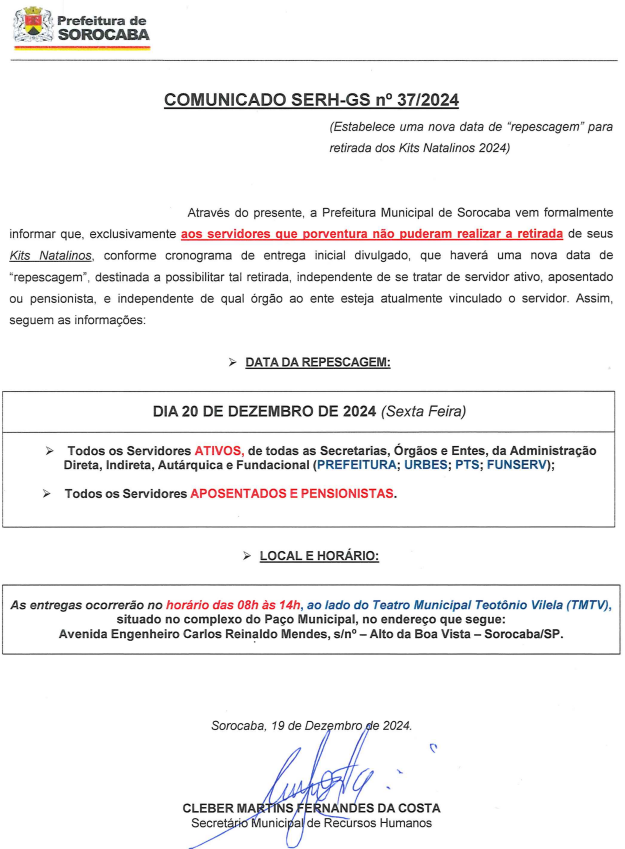 Comunicado SERH - Repescagem para Entrega das Cestas Natalinas - 2024